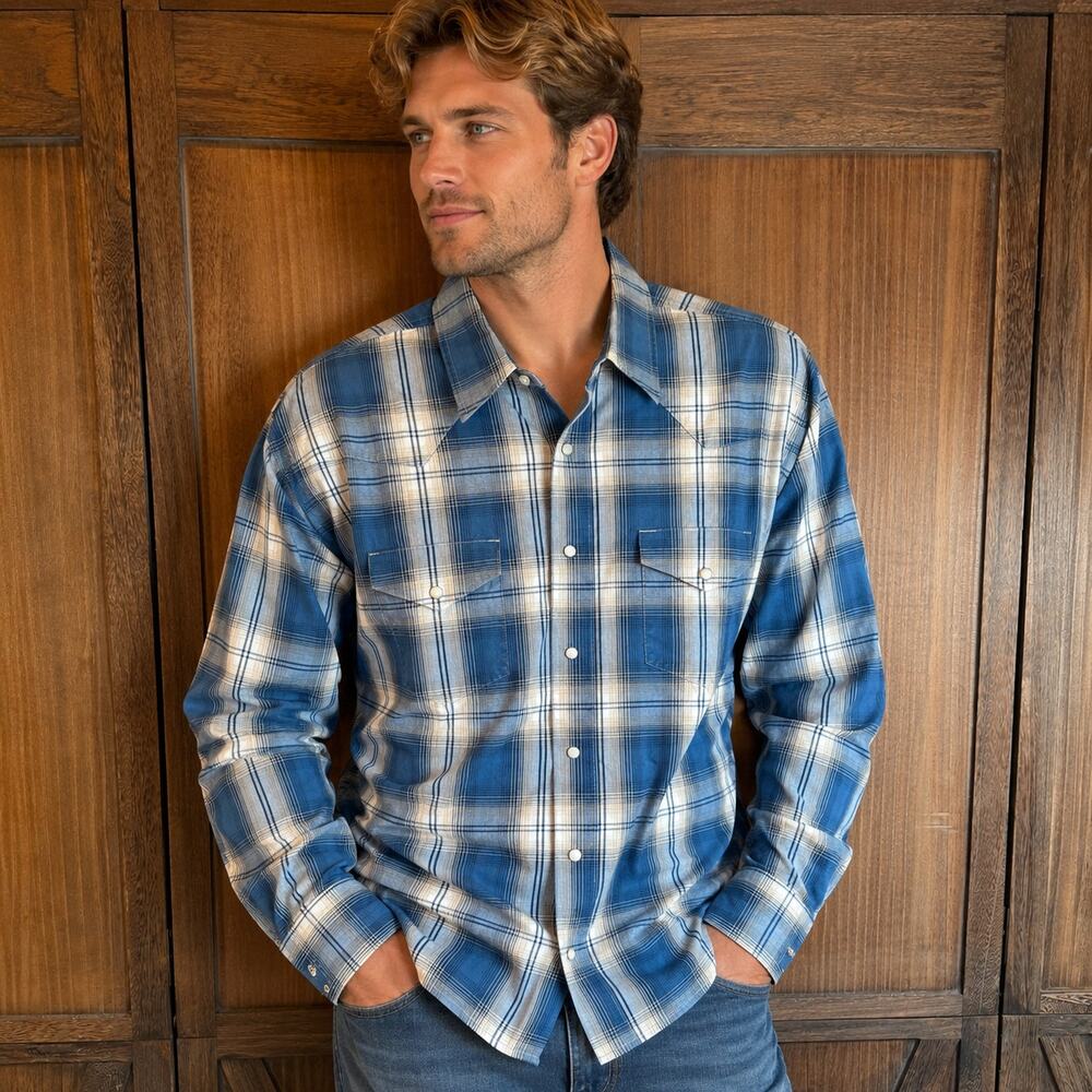 Wrangler Western Pearl Snap Plaid Shirt Blue Tan Mens Large Cowboy Ranch